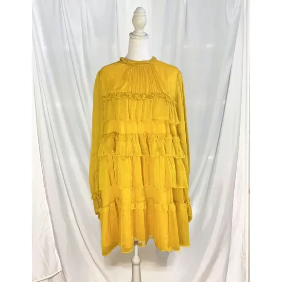 Sunflower Yellow Tiered Ruffles Mini Dress | 60s-Style Retro Cocktail - Picture 2 of 9
